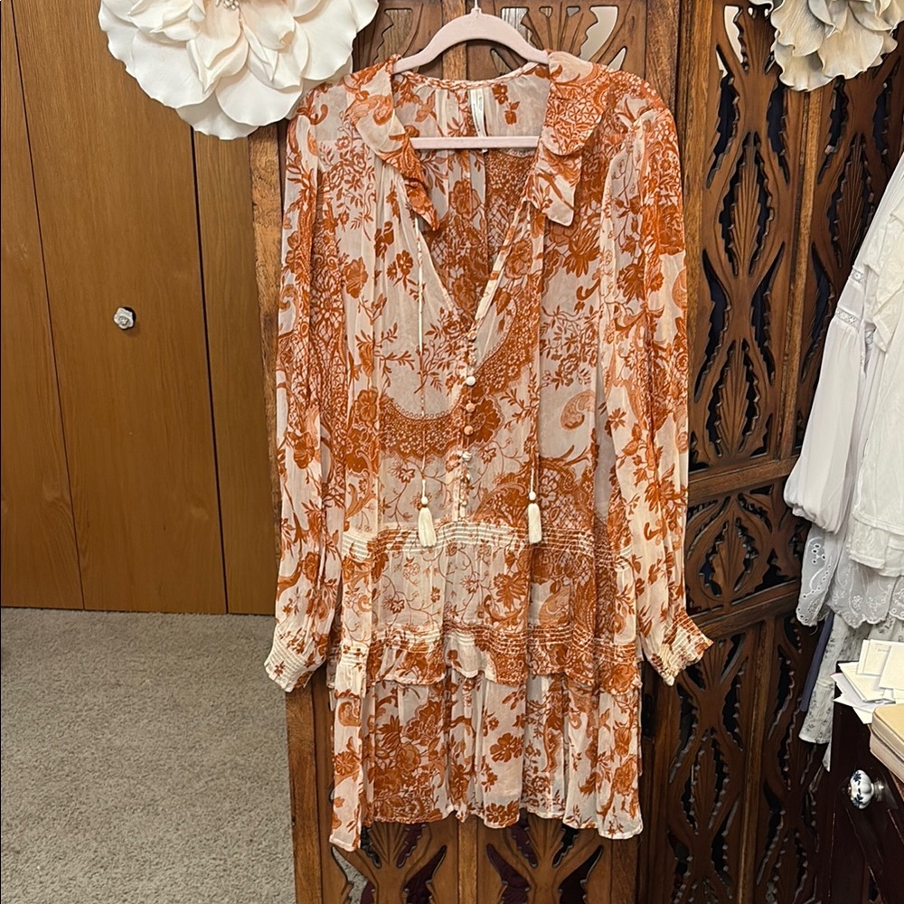 Anthropologie Burnt Orange and Cream Bohemian Tiered Long-Sleeve Dress - Picture 8 of 8